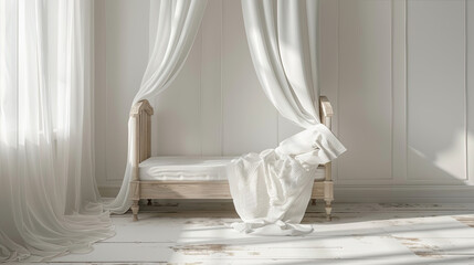 Interior of spacious nursery with wooden crib and empty chair by star wallpaper at contemporary white apartment