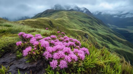 Obraz premium Pink Flowers Blooming on a Mountainside