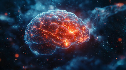 A glowing brain pulses with energy in a futuristic scientific setting