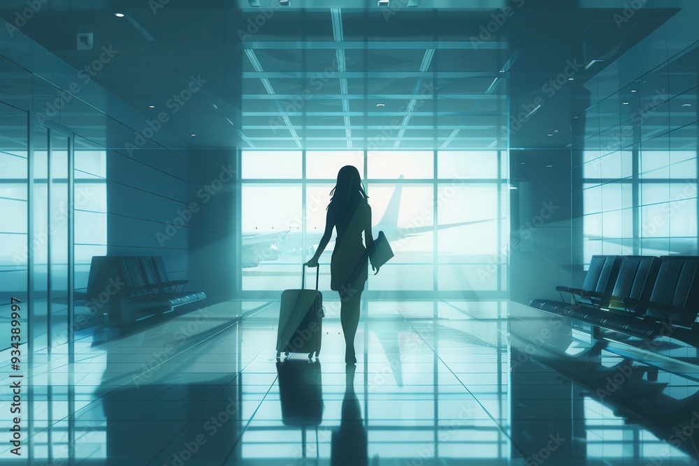 Poster a flight attendant walks through an airport terminal, carrying a suitcase and heading toward her gat