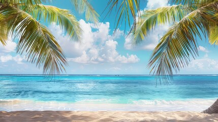 A scenic view of a tropical beach with palm trees framing the scene, the turquoise water, white sand, and fluffy clouds creating a picture of paradise.