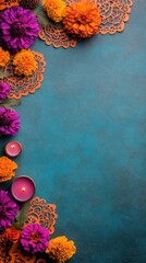 Colorful Marigolds and Candles on Teal Background for Dia de los Muertos