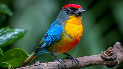 Obraz premium Amazon Dotted Tanager perched on a branch, its vibrant colors standing out against the green