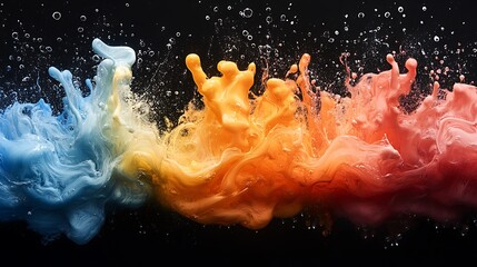 Blue, orange, and pink paint explode in water against a black background.