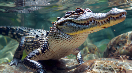 Obraz premium Amazon Dwarf Crocodile swimming in clear waters, its distinctive body and scales visible
