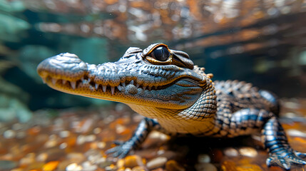 Fototapeta premium Amazon Dwarf Crocodile swimming in clear waters, its distinctive body and scales visible