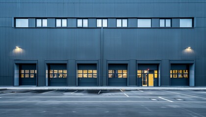Obraz premium Gray aluminum panel facade of an industrial building with doors and windows, showcasing modern