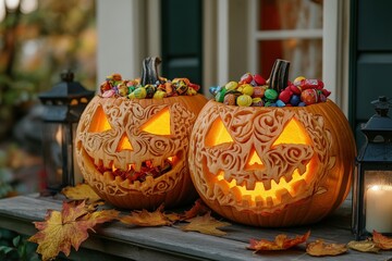 Carved Pumpkin Candy Holders with Festive Halloween Decor and Autumn Leaves