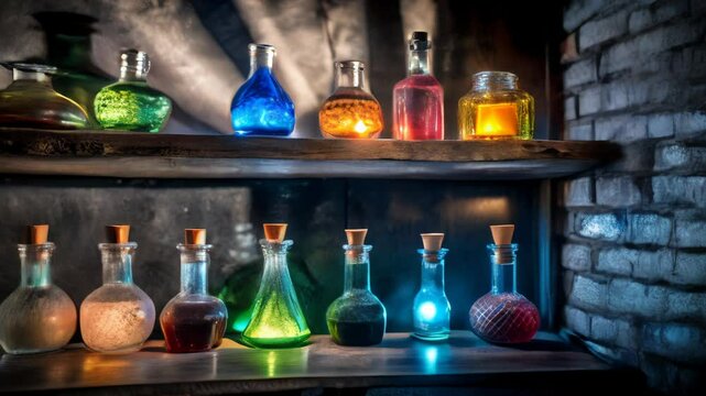 Shelves filled with glowing potion bottles in a dimly lit room, evoking a sense of magic and mystery. Perfect for Halloween decor, fantasy illustrations, and mystical scenes