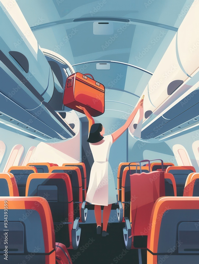 Poster a flight attendant helps passengers by placing their carry-on luggage in the overhead compartment wh