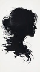 Fototapeta premium Abstract black and white profile of a woman with her hair blending into a fragmented brushstroke effect, perfect for modern art