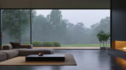 A living room with a fireplace and a large window