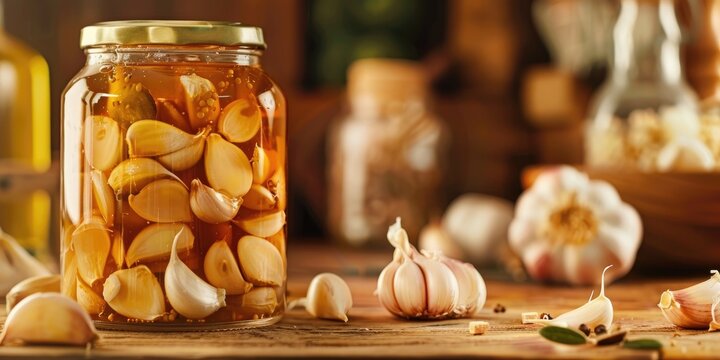 Pickled garlic cloves in honey a probiotic rich delight Selective focus