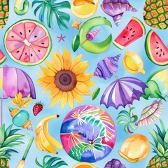 Lively summer pattern with sunflowers, watermelon slices, tropical leaves, and beach umbrellas on a blue background. ai