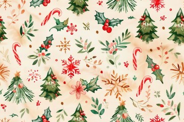 Watercolor Christmas seamless pattern featuring holly, candy canes, trees, and red berries on a light background. ai
