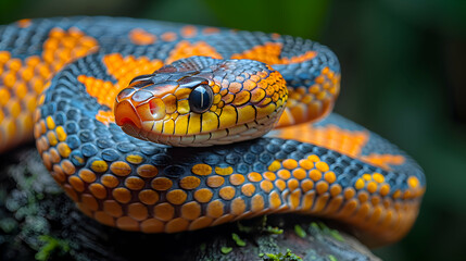 Obraz premium Amazon Fire-bellied Snake coiled around a tree branch, its striking colors