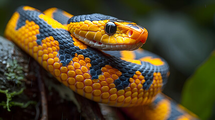 Fototapeta premium Amazon Fire-bellied Snake coiled around a tree branch, its striking colors