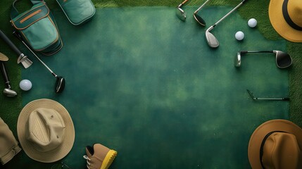 A flat lay of various golf items against a green backdrop, including golf clubs, golf balls, a golf bag, hats, and shoes.