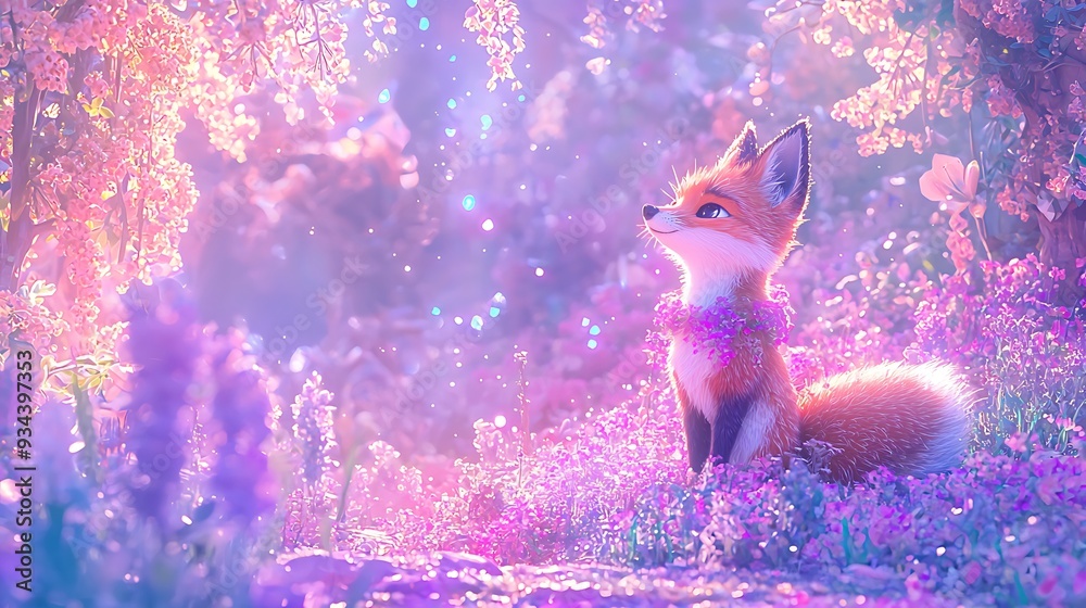 Sticker cute fox in a magical flower field