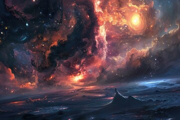 Breathtaking digital painting of a vibrant cosmic landscape with a solitary figure standing on a distant planet, witnessing a cataclysmic celestial event.