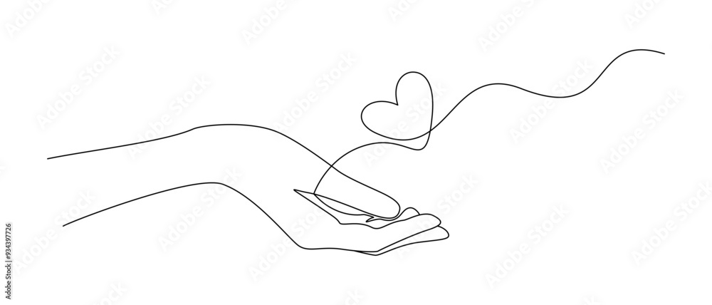 Poster one continuous line drawing of hands holding heart. concept of love relationship and volunteer organ
