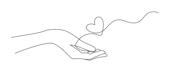 One continuous line drawing of hands holding heart. Concept of love relationship and volunteer organisation symbol in simple linear style. Editable stroke. Doodle Vector illustration © Olga Rai