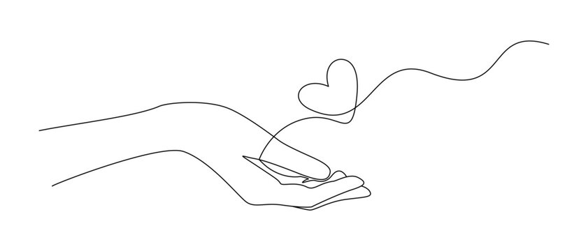 One continuous line drawing of hands holding heart. Concept of love relationship and volunteer organisation symbol in simple linear style. Editable stroke. Doodle Vector illustration