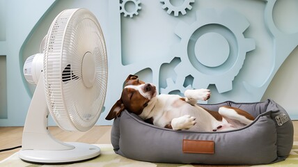 Relaxed Dog Cooling Off in Front of Fan on a Hot Day in Cozy Home Interior