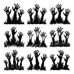 Three zombie-like hands emerging from the ground vector silhouette 