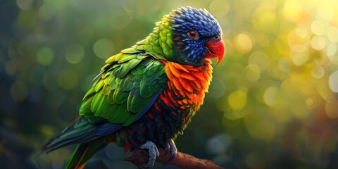 Fototapeta premium A vibrant parrot with a striking red beak showcasing the beauty of nature and avian gracefulness Imagine a colorful parrot resting on a branch