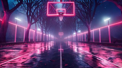 A neon basketball court with a glowing hoop, creating a futuristic sports environment - Powered by Adobe