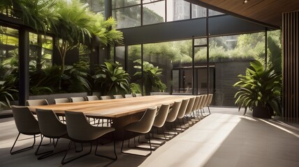 A futuristic office lobby with sleek, metallic walls and a holographic receptionist greeting guests.