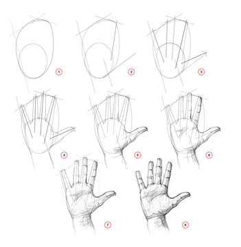 Page shows how to learn to draw sketch of a human hand from life. Pencil drawing lessons. Educational tutorial for artists. Development of artistic skills. Hand drawn vector.