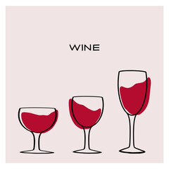 Three elegant glasses of red wine arranged in ascending order on a minimalistic background
