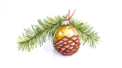 Watercolor illustration of a Christmas ornament shaped like a spruce cone for holiday decorations