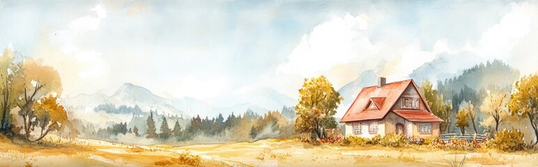 Watercolor illustration of a house in a rural setting from a village series