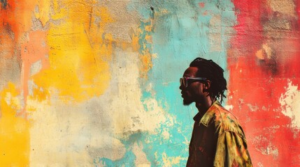 Obraz premium Side profile painting of a man on a colorful urban wall with copy space.