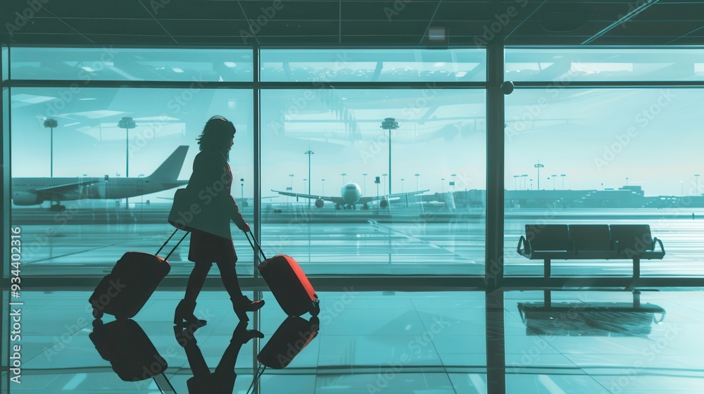 Aufkleber The flight attendant carries red suitcases while navigating the airport terminal, with airplanes visible through large windows. Generative AI