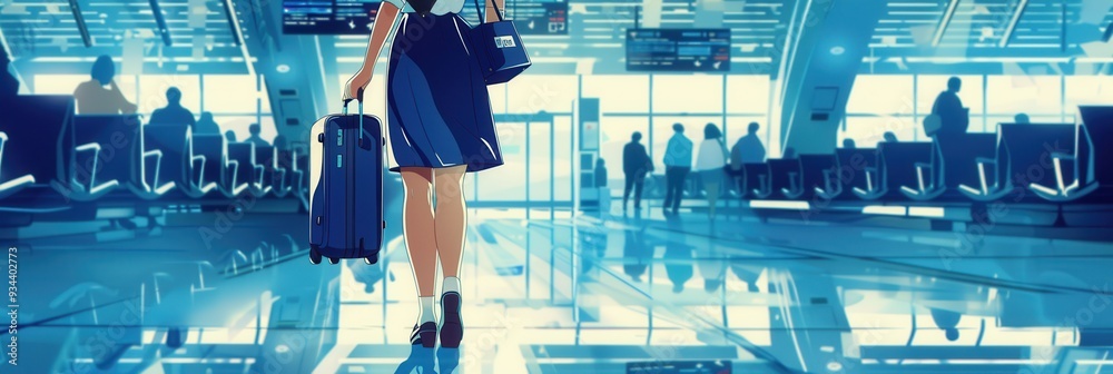 Aufkleber A flight attendant navigates a crowded airport terminal, wheeling her suitcase as passengers wait in the background for their flights. Generative AI
