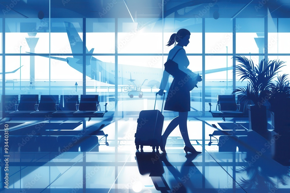 Aufkleber A flight attendant walks through the terminal, pulling a suitcase, as planes are visible in the background during early morning hours. Generative AI