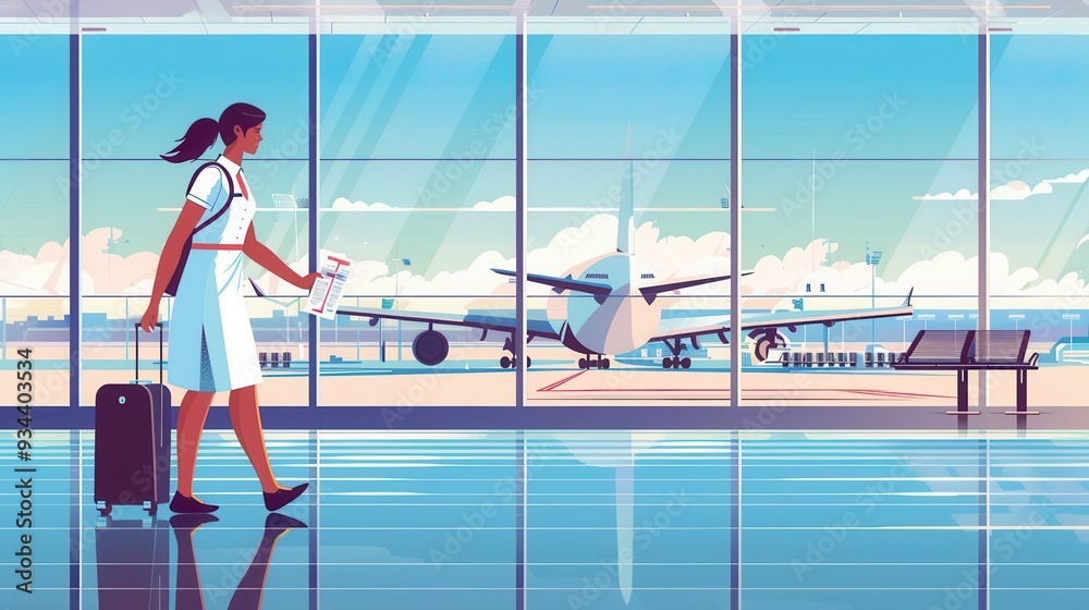 Poster a flight attendant is seen walking with luggage, preparing for the next flight, as an airplane waits