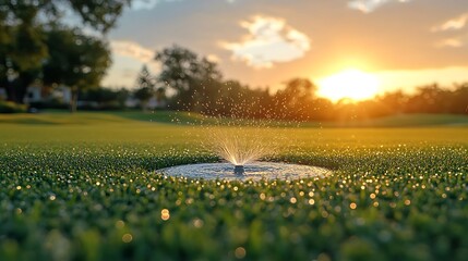 Close-up of a sprinkler watering a lush green golf course at sunset.