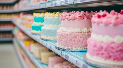 This illustration includes ice cream and a birthday cake on a shelf mock-up supermarket with label designs that are brand-free and colorful. It also showcases new products and label designs.