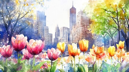 Obraz premium Watercolor illustration depicting flowers heralding the arrival of spring in a vibrant urban setting