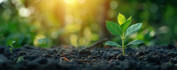Young sprout emerging from fertile soil with sunlit forest background. Warm light and bokeh add calm ambiance. Concept of growth, ecology, renewal and sustainability. Banner with copy space