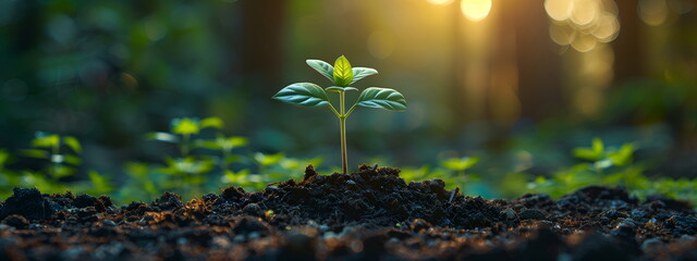 Plant rising from rich soil in sunlit forest. Warm sunlight and bokeh enhance tranquil scene. Concept of growth, ecology, renewal and sustainability. Banner with copy space