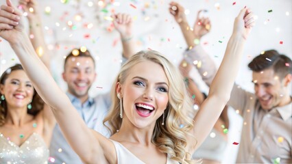 Obraz premium Cheerful young woman celebrating with friends at a party against a festive background 