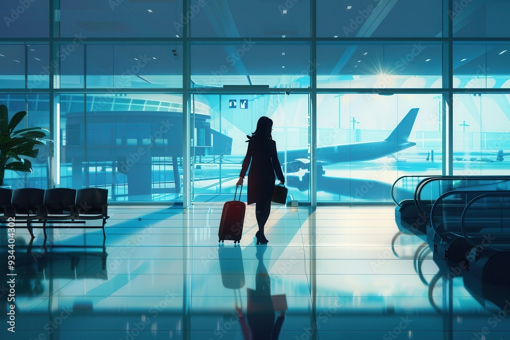 Poster a flight attendant, silhouetted against large windows, walks with a suitcase towards parked airplane