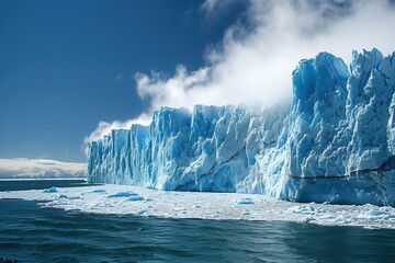 Glacier melting in blue arctic waters under sun. Reflects climate change impact. Global warming concept, disappearing ice, with copy space