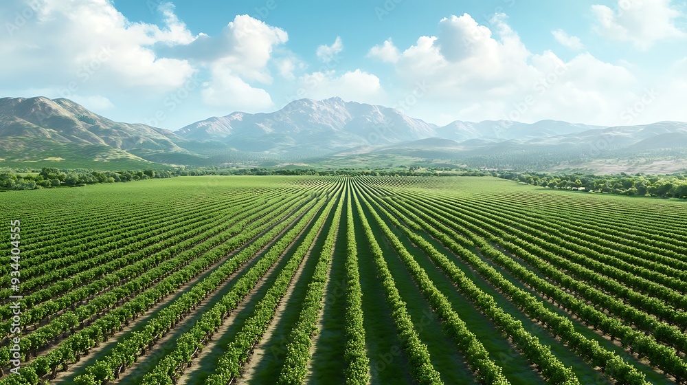 Wall mural lush green vineyard landscape with mountain background